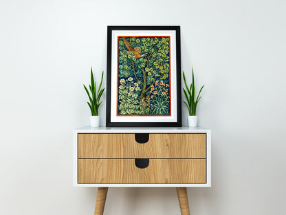 William Morris Cock Pheasant Exhibition Poster, William Morris Print, Art Nouveau, Cock Pheasant, Fabric Textured Background, Home Decor