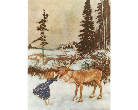 A book illustration featuring a girl kissing a reindeer on the cheek, with a Christmas woodland backdrop.