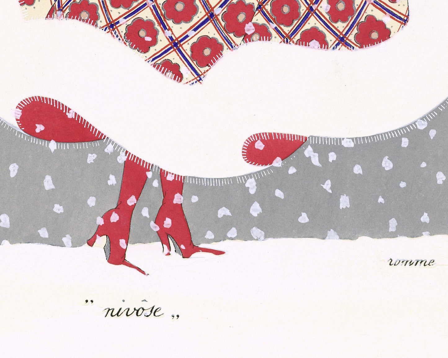 Moda francesa vintage | Los copos de nieve son las mariposas de la temporada | Ilustración de moda parisina | Arte art déco navideño | Artista femenina