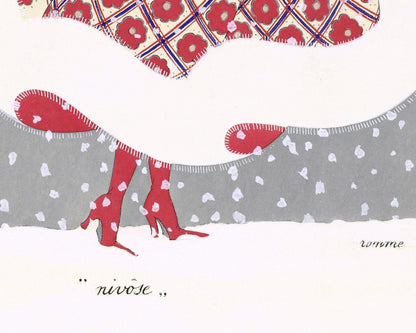 Moda francesa vintage | Los copos de nieve son las mariposas de la temporada | Ilustración de moda parisina | Arte art déco navideño | Artista femenina