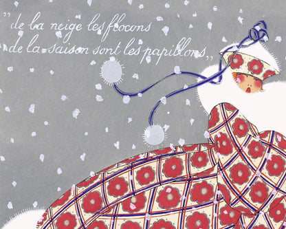 Moda francesa vintage | Los copos de nieve son las mariposas de la temporada | Ilustración de moda parisina | Arte art déco navideño | Artista femenina