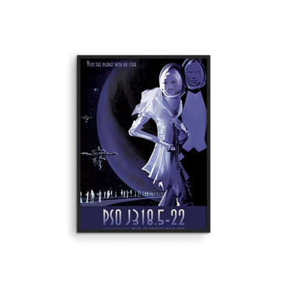 Vintage style poster featuring a space-themed illustration with a female astronaut figure, planets, and spacecraft against a stylized cosmic background.