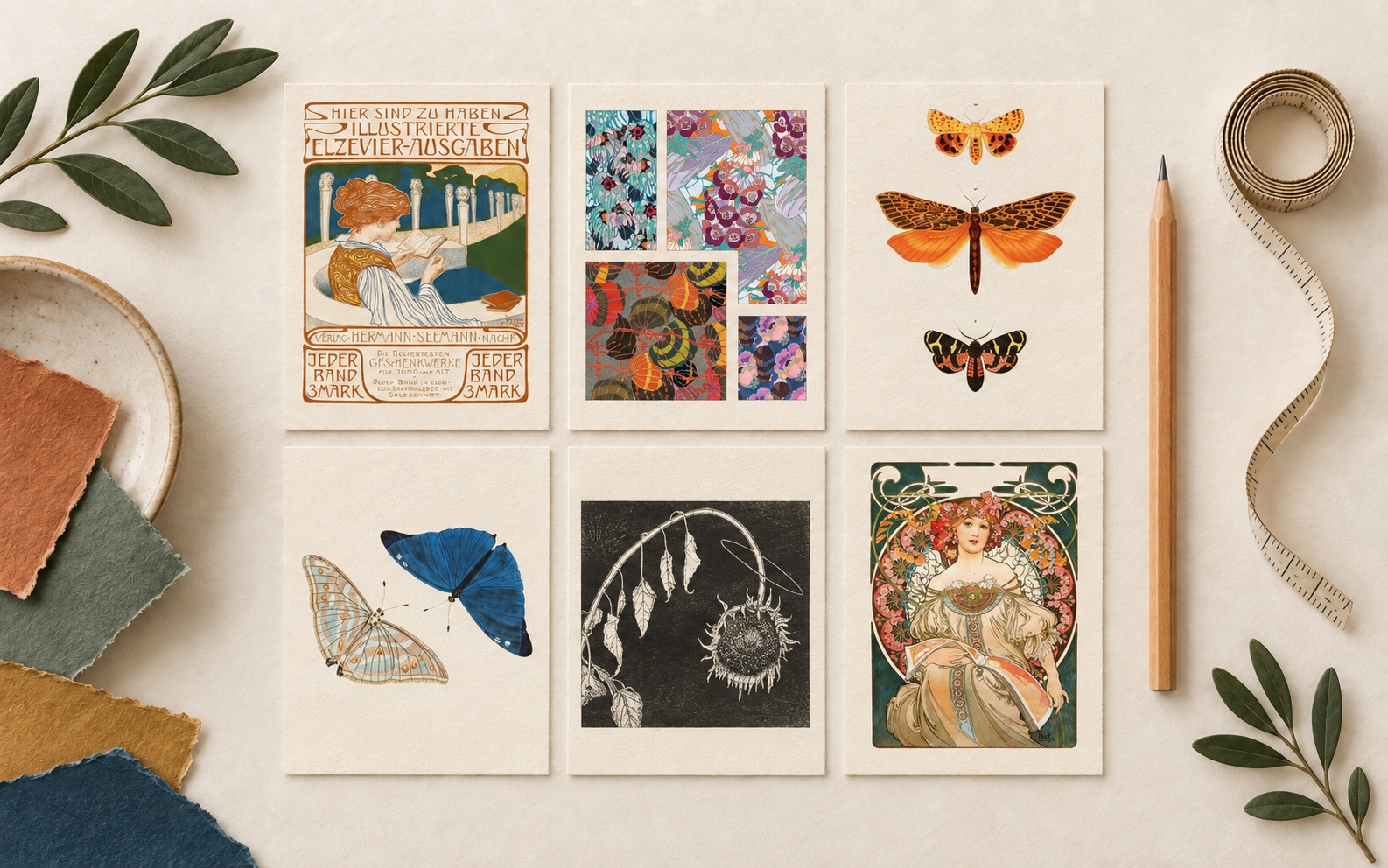 Six RPS catalog artworks form an assortment of vintage posters, butterfly studies, floral pattern and sunflower art.