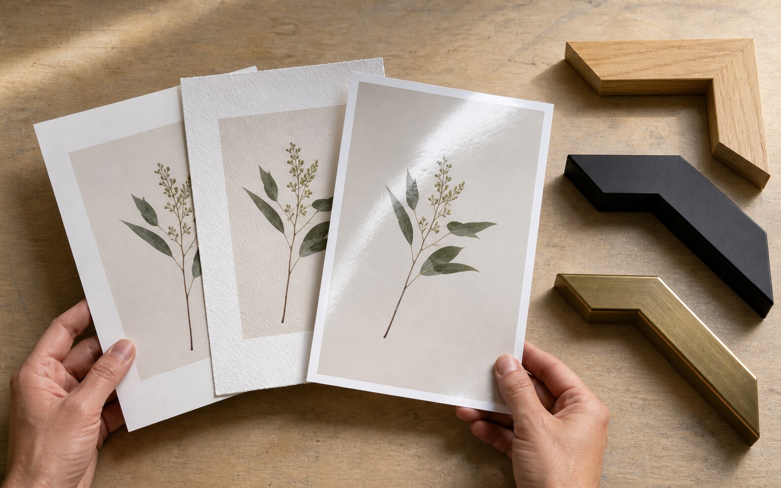 Hands compare matte, textured fine-art, and glossy paper beside wood, black, and brass frame corners