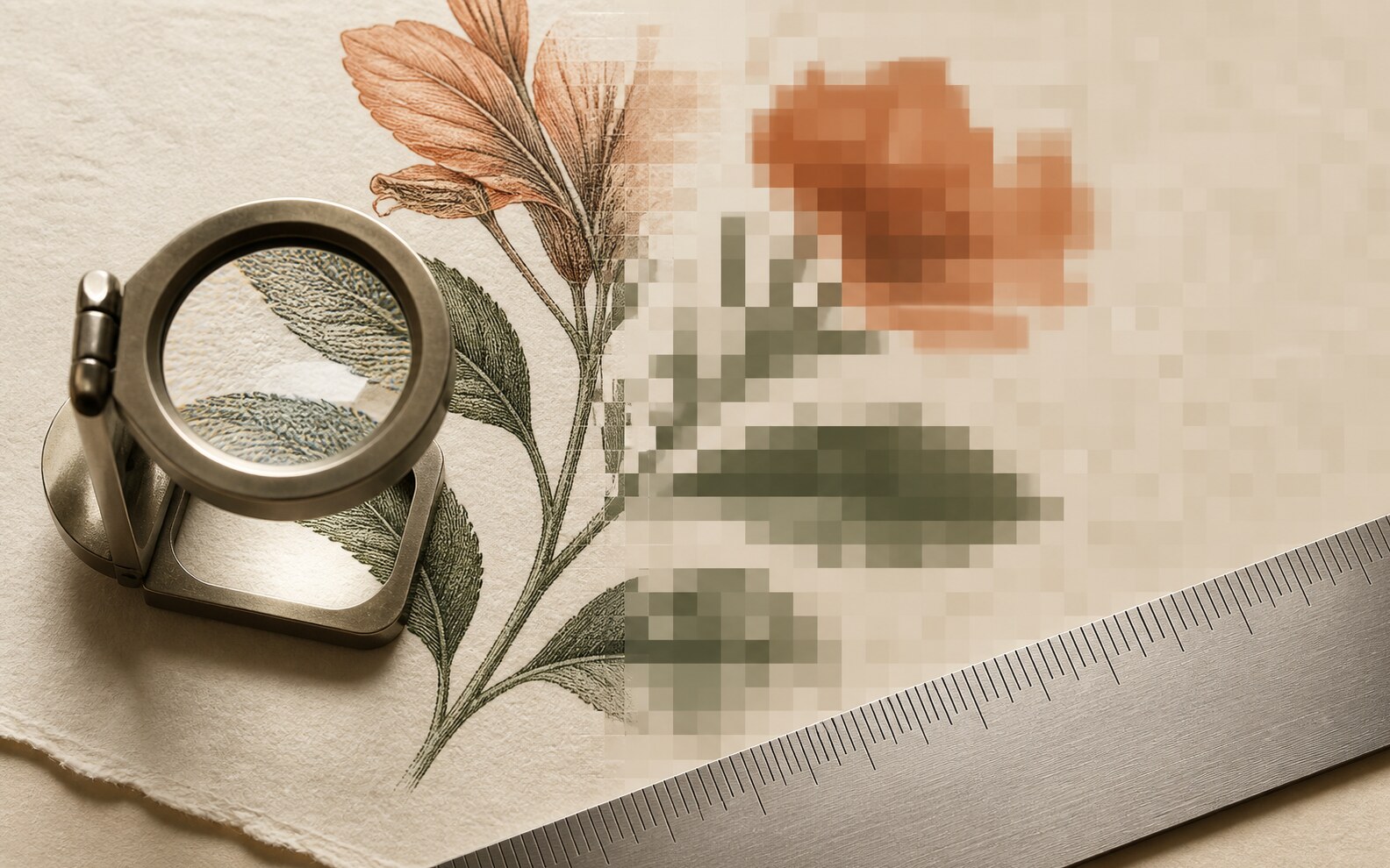 A loupe compares crisp botanical print detail with visibly enlarged blocky pixels