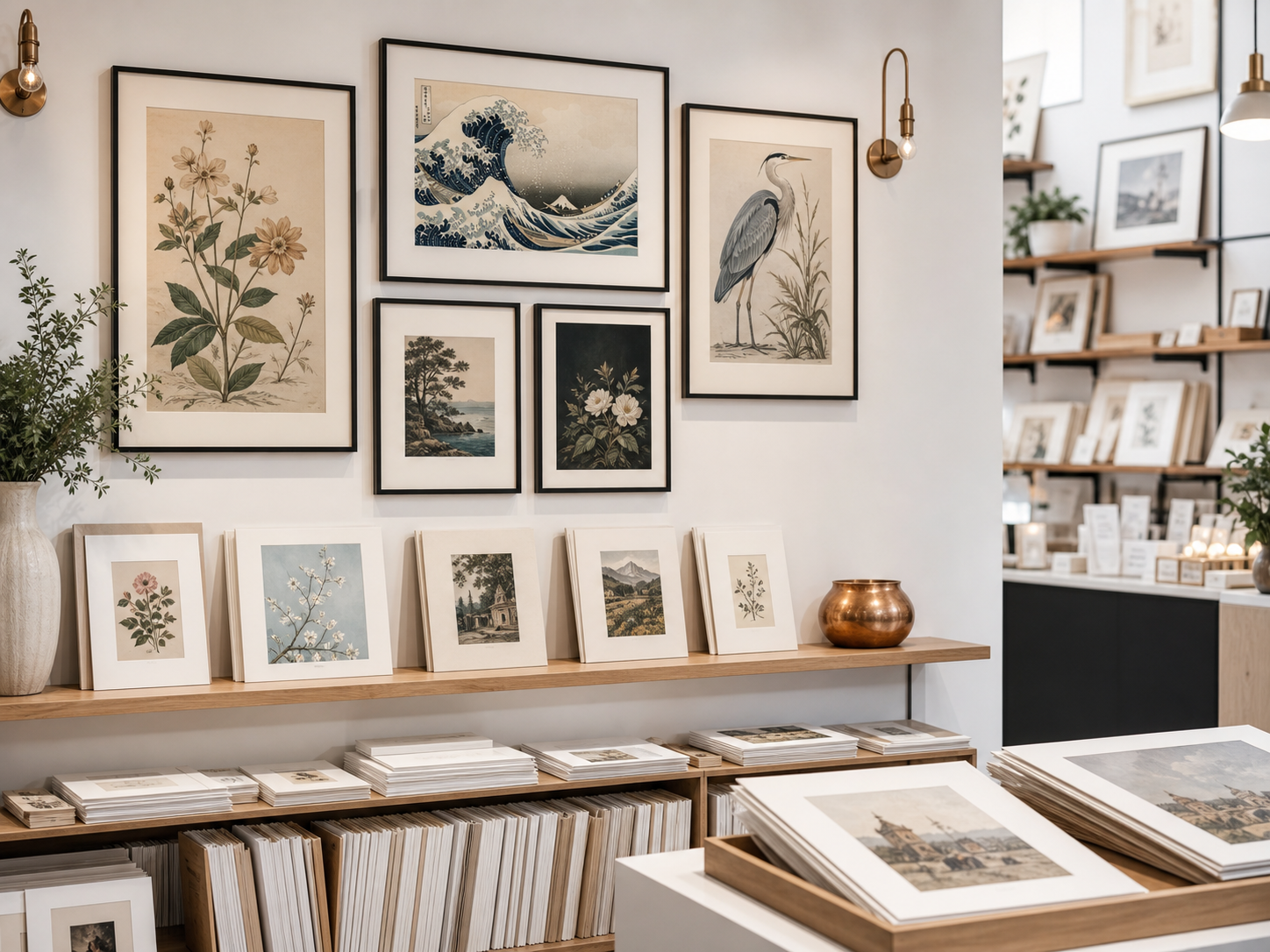 Coordinated wholesale art print assortment displayed in a retail setting