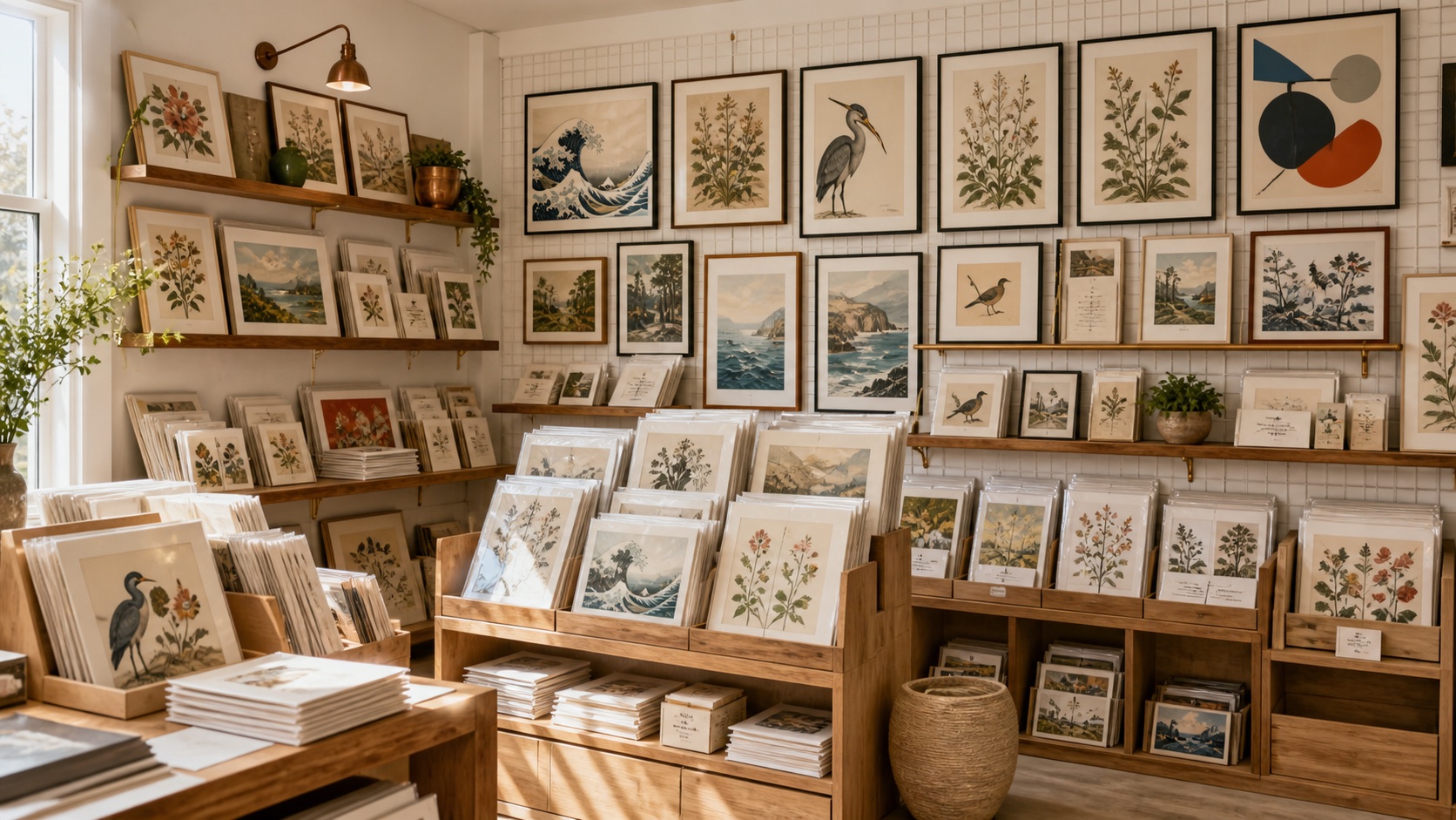 Small retail shop wall displaying a coordinated assortment of framed artwork