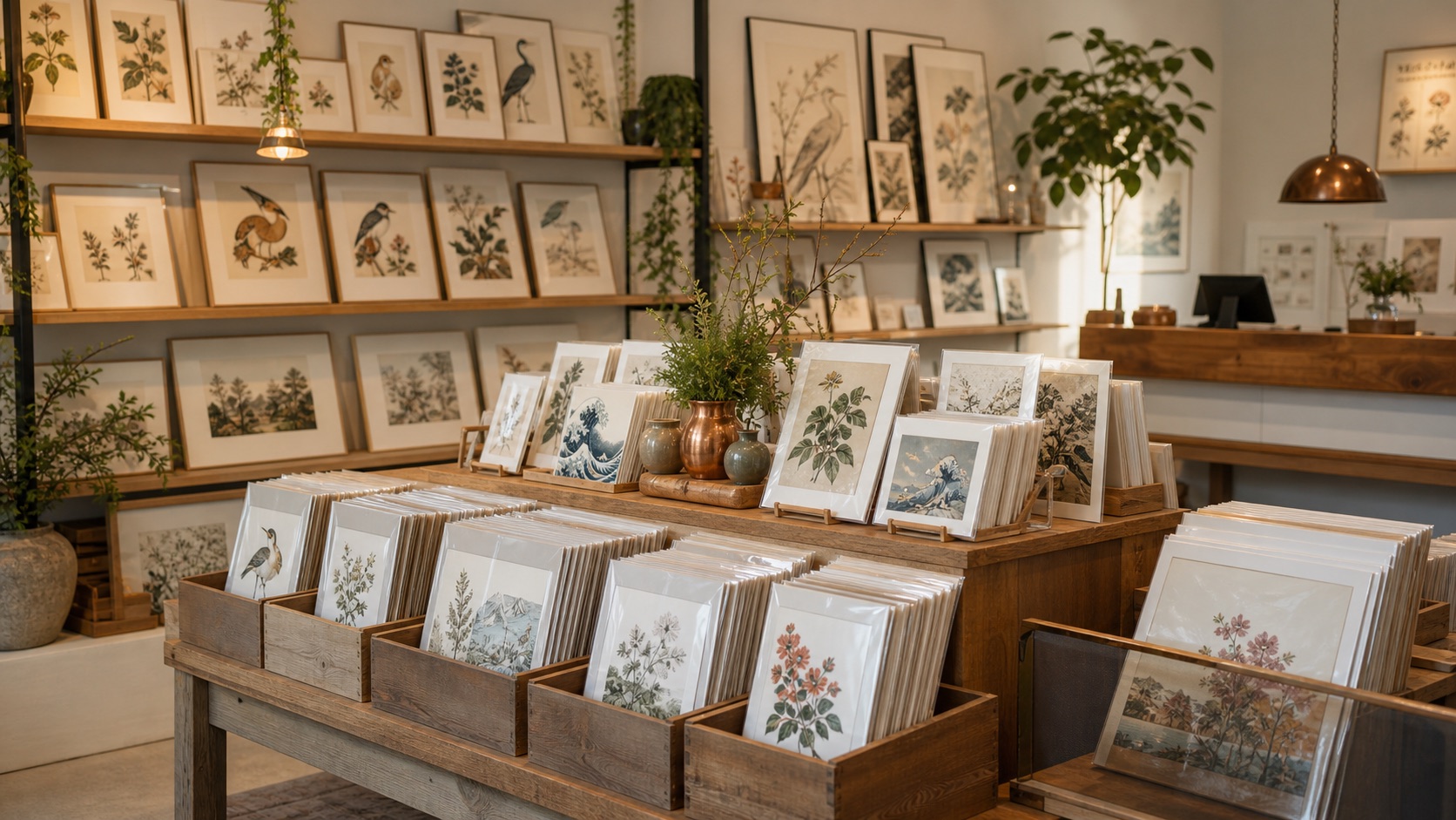 Organized art print bins suitable for a museum store retail counter