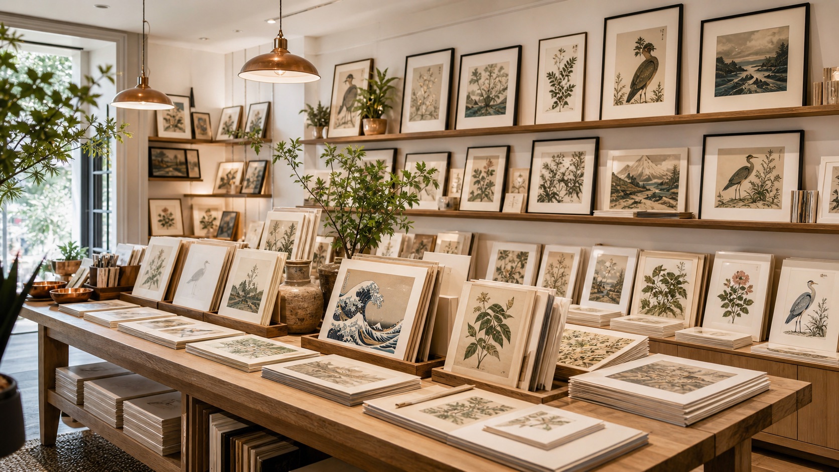 Retail table displaying a focused selection of art prints and framed examples